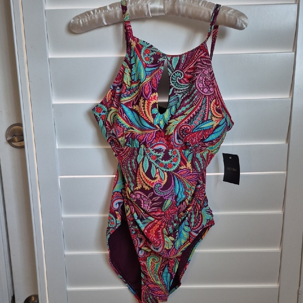 Ellen Tracy Red and Blue One Piece Swimsuit High-Neck Halter